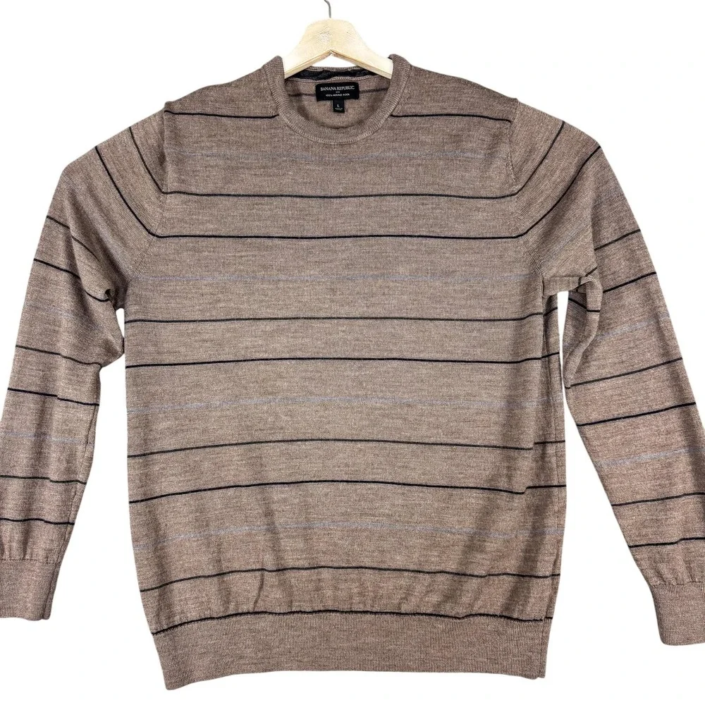 Banana Republic Sweater Mens Large Brown 100% Merino‎ Wool Stripe Crewneck Knit